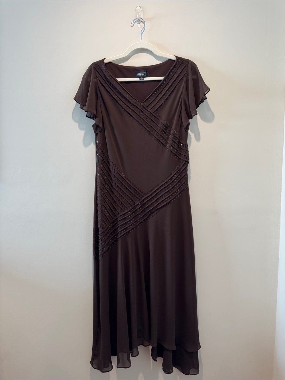 Y2K Vintage Dark Brown Sequins Beaded Flutter-Sleeve Midi Dress